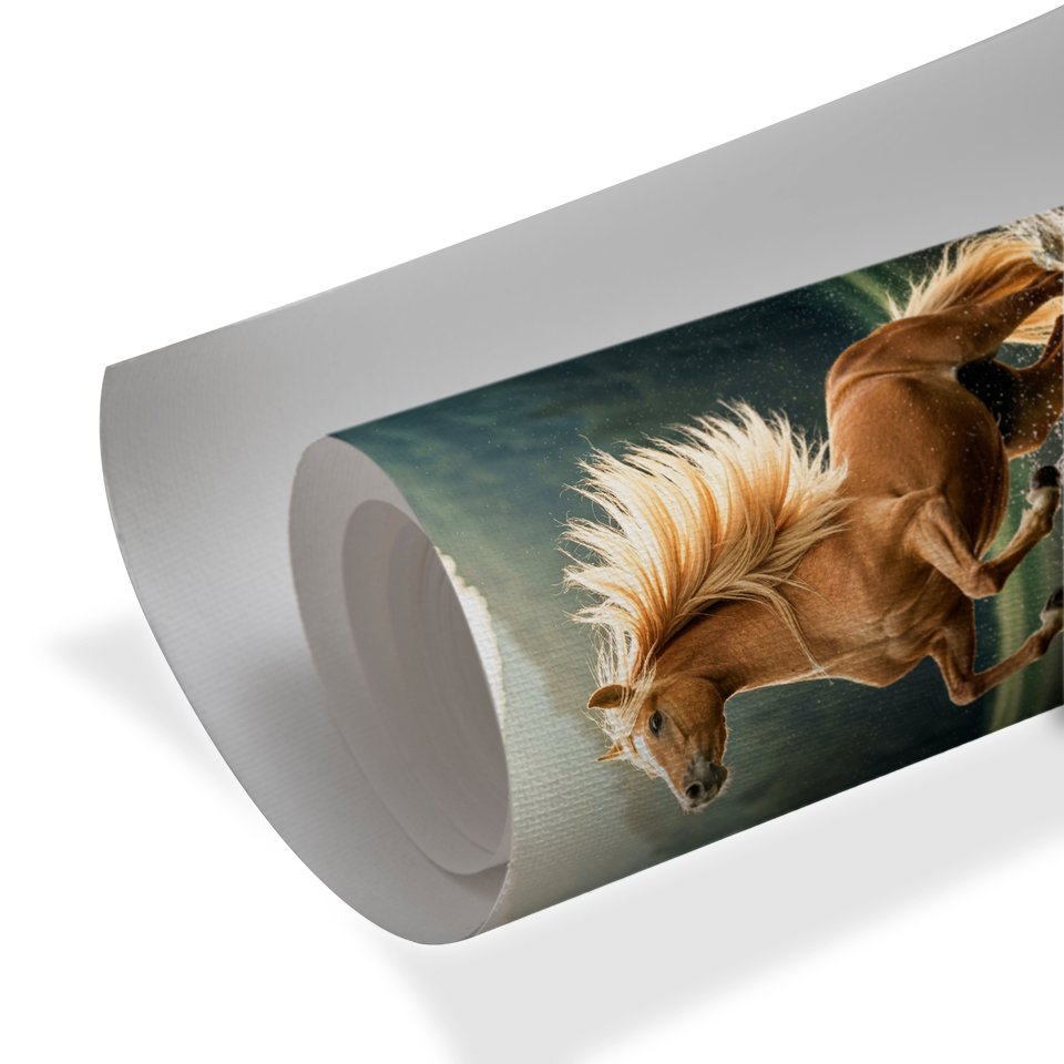 Golden horse rearing in water with flowing mane, luxury wall decor nature wall art