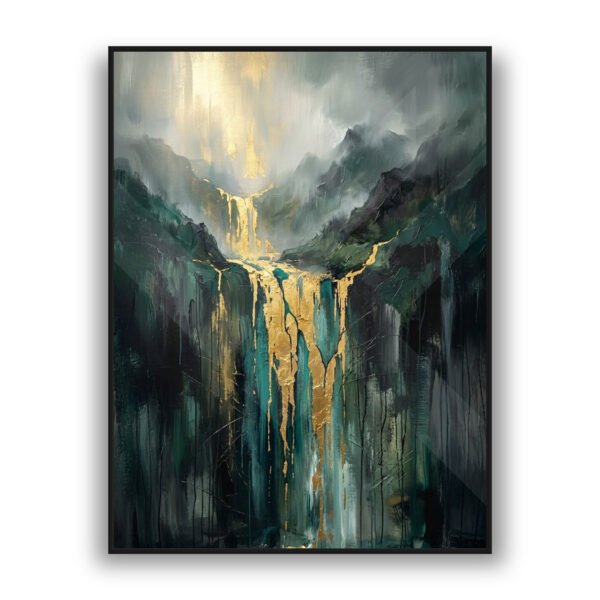 Abstract waterfall with gold accents cascading down misty mountains, dramatic luxury landscape art