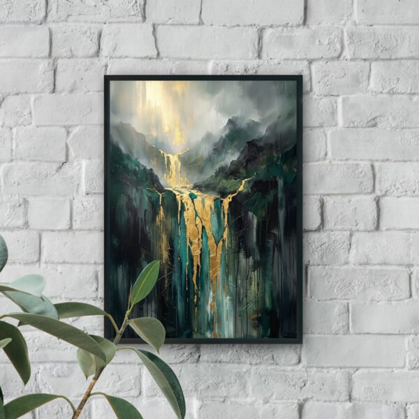 Abstract waterfall with gold accents cascading down misty mountains, dramatic luxury landscape art