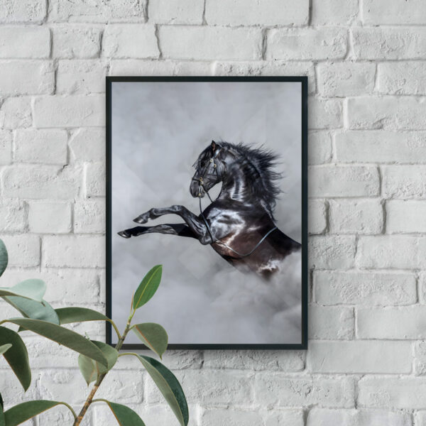 Black horse rearing in mist, modern wall art for luxury wall decor interiors