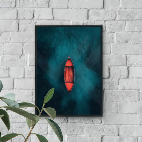 Red boat on deep teal water, modern nature wall art for luxury wall decor