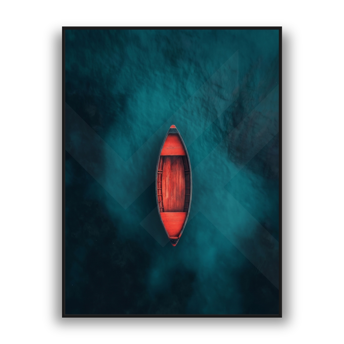 Red boat on deep teal water, modern nature wall art for luxury wall decor