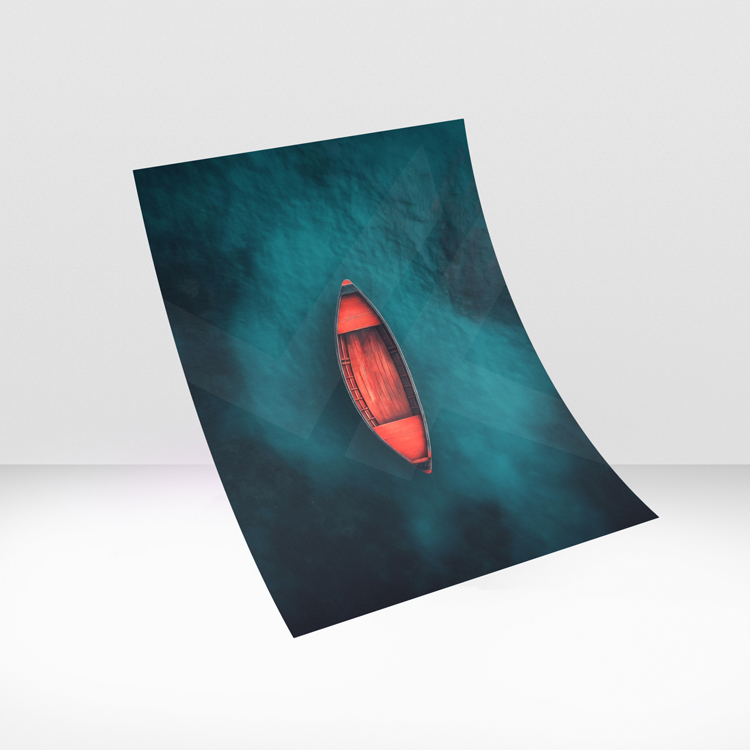 Red boat on deep teal water, modern nature wall art for luxury wall decor