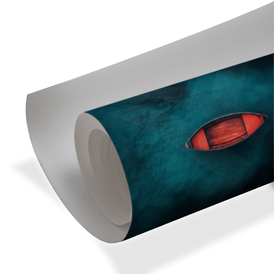 Red boat on deep teal water, modern nature wall art for luxury wall decor