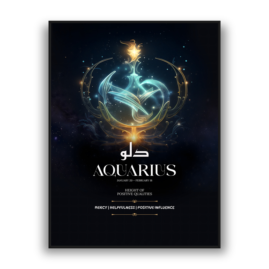 Modern wall art featuring glowing Aquarius zodiac symbol with gold accents on a dark celestial background