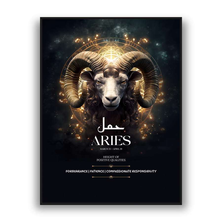 Modern wall art featuring glowing Aries ram portrait with celestial gold details on a dark background
