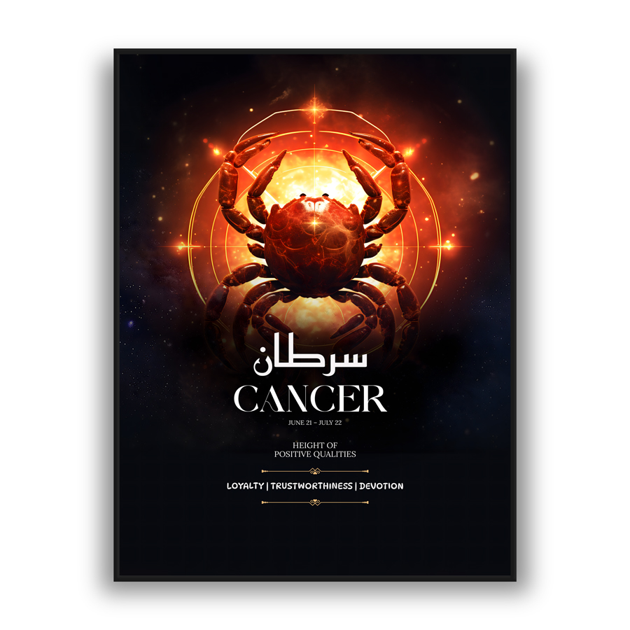 Modern wall art featuring glowing Cancer crab zodiac design on a dark celestial background