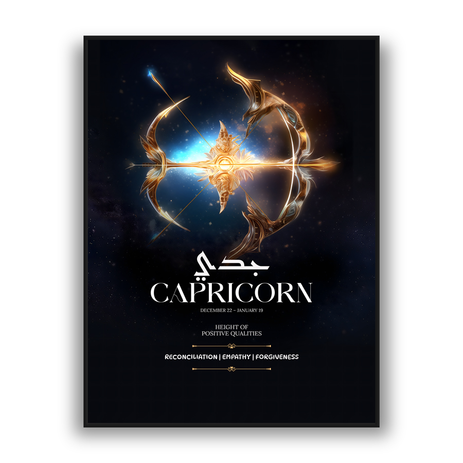 Modern wall art featuring glowing Capricorn zodiac emblem with gold details on a dark celestial background