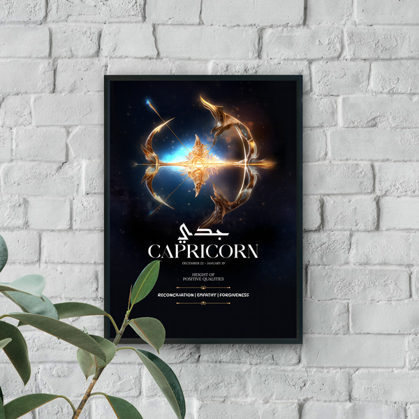 Modern wall art featuring glowing Capricorn zodiac emblem with gold details on a dark celestial background