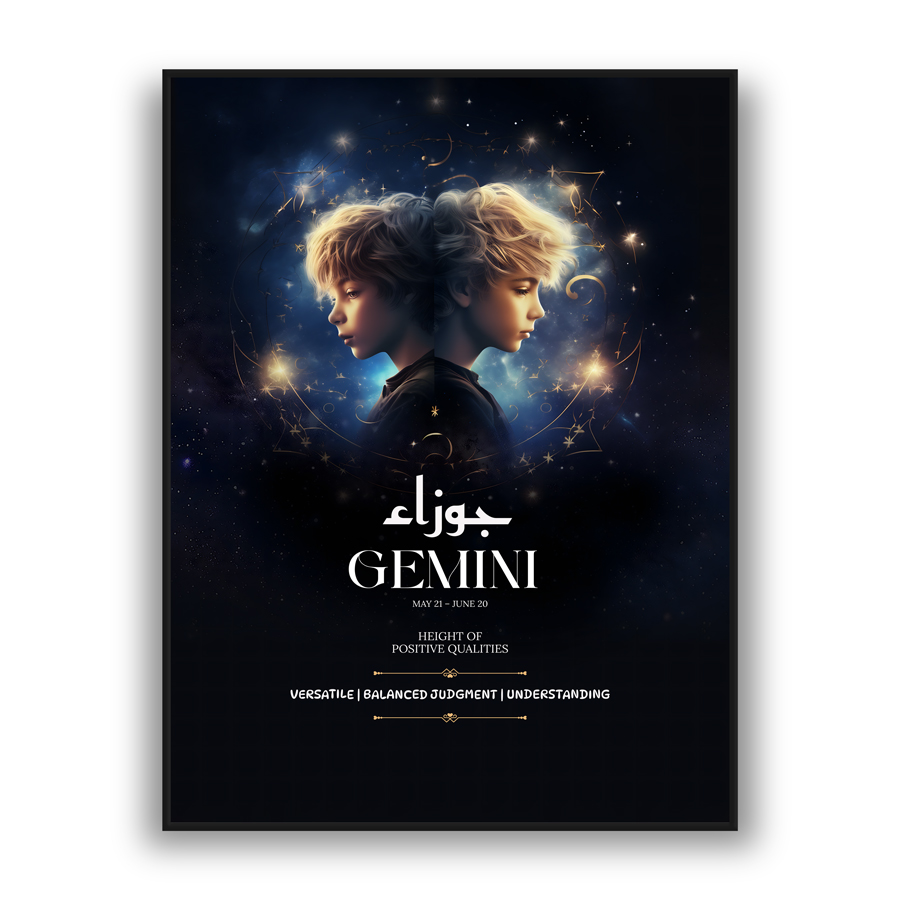 Modern wall art featuring Gemini twin profiles with celestial glow on a dark cosmic background