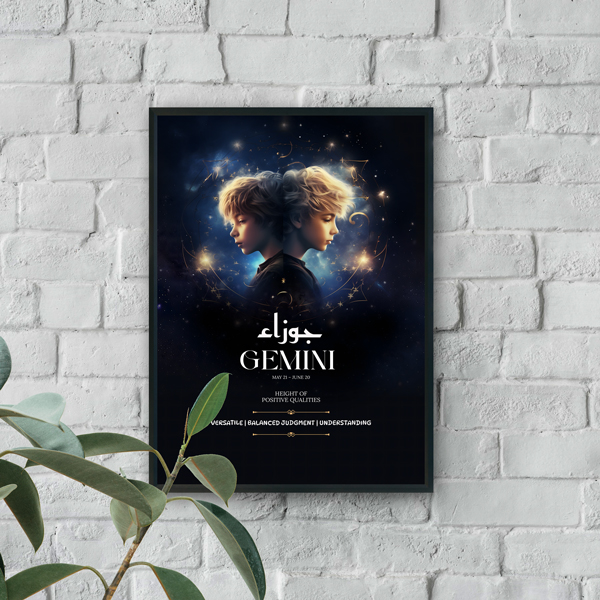 Modern wall art featuring Gemini twin profiles with celestial glow on a dark cosmic background