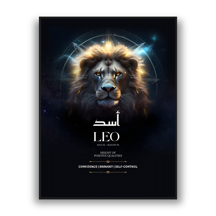 Modern wall art featuring glowing Leo lion portrait with celestial accents on a dark cosmic background