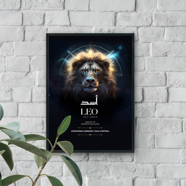 Modern wall art featuring glowing Leo lion portrait with celestial accents on a dark cosmic background
