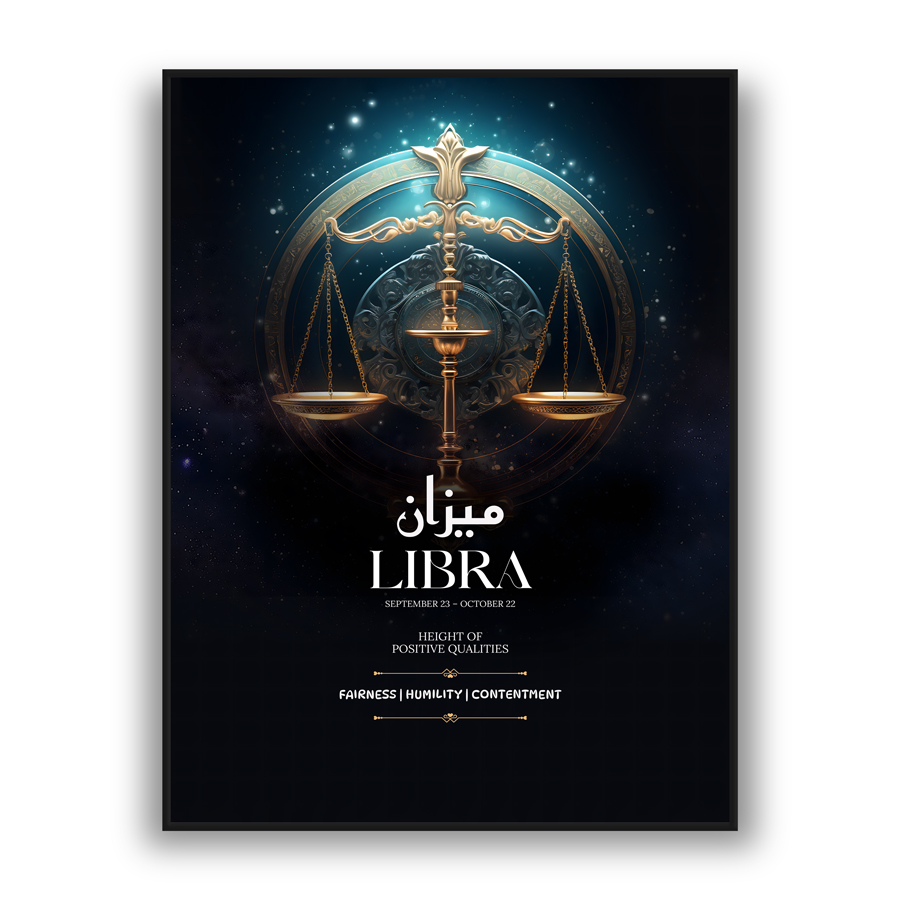 Modern wall art featuring Libra scales with glowing gold celestial details on a dark cosmic background