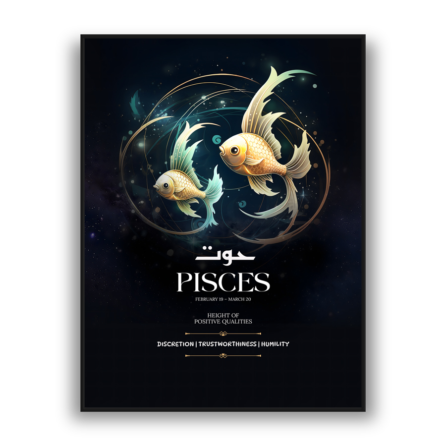 Modern wall art featuring Pisces twin fish with glowing celestial details on a dark cosmic background
