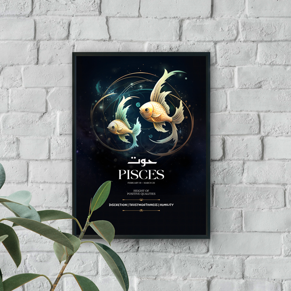 Modern wall art featuring Pisces twin fish with glowing celestial details on a dark cosmic background