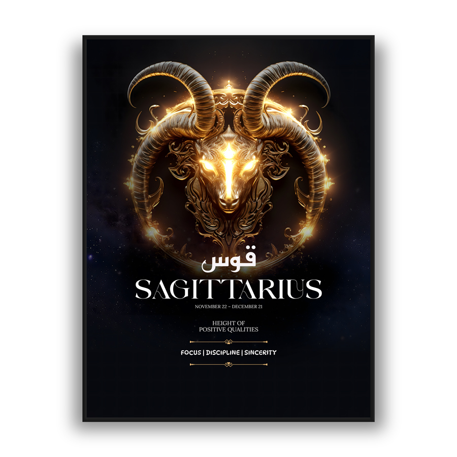 Modern wall art featuring Sagittarius zodiac text with glowing horned figure on a dark celestial background