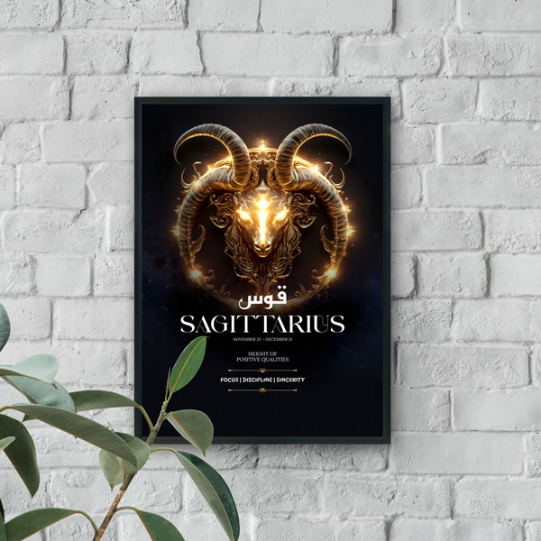 Modern wall art featuring Sagittarius zodiac text with glowing horned figure on a dark celestial background