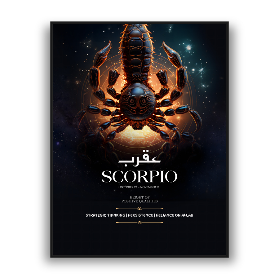 Modern wall art featuring glowing Scorpio scorpion on a dark celestial background with orange light