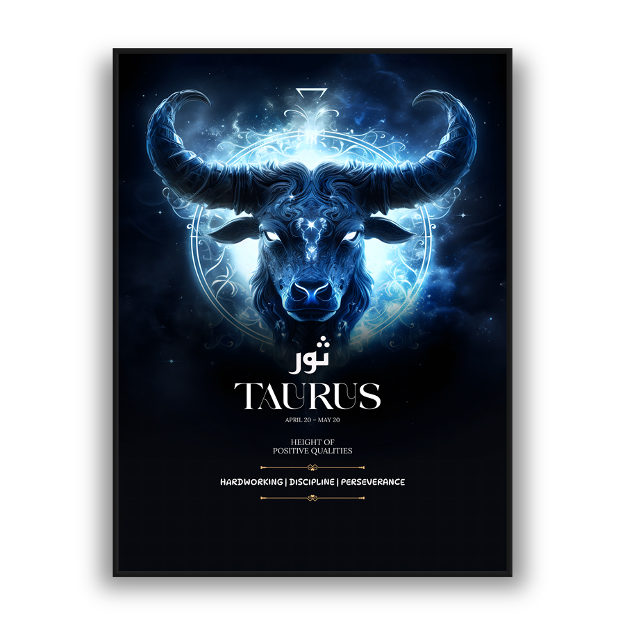Modern wall art featuring glowing Taurus bull with blue celestial details on a dark cosmic background