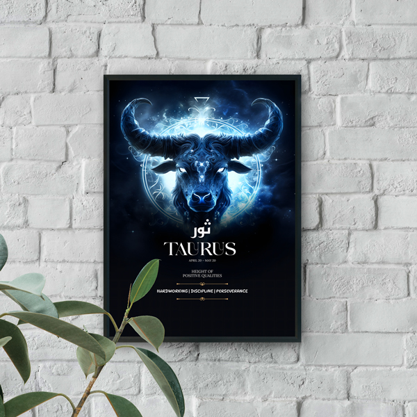 Modern wall art featuring glowing Taurus bull with blue celestial details on a dark cosmic background
