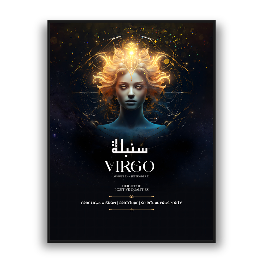 Modern wall art featuring Virgo goddess portrait with glowing gold celestial details on a dark cosmic background